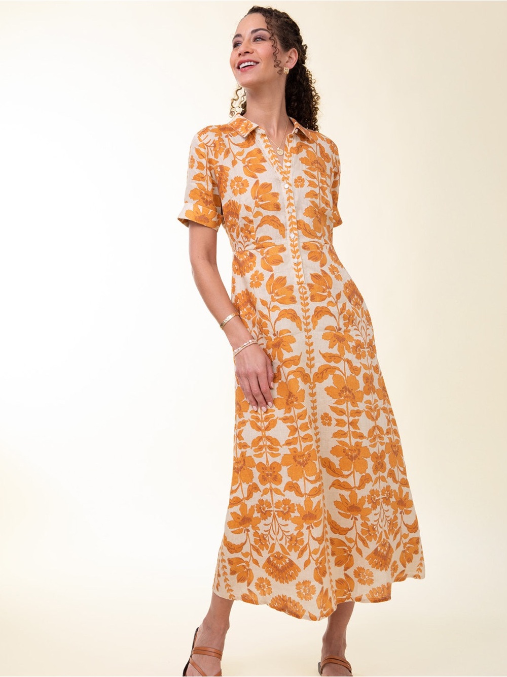Spartina 449 Floral Button-Front Maxi Dress in Mustard and Cream